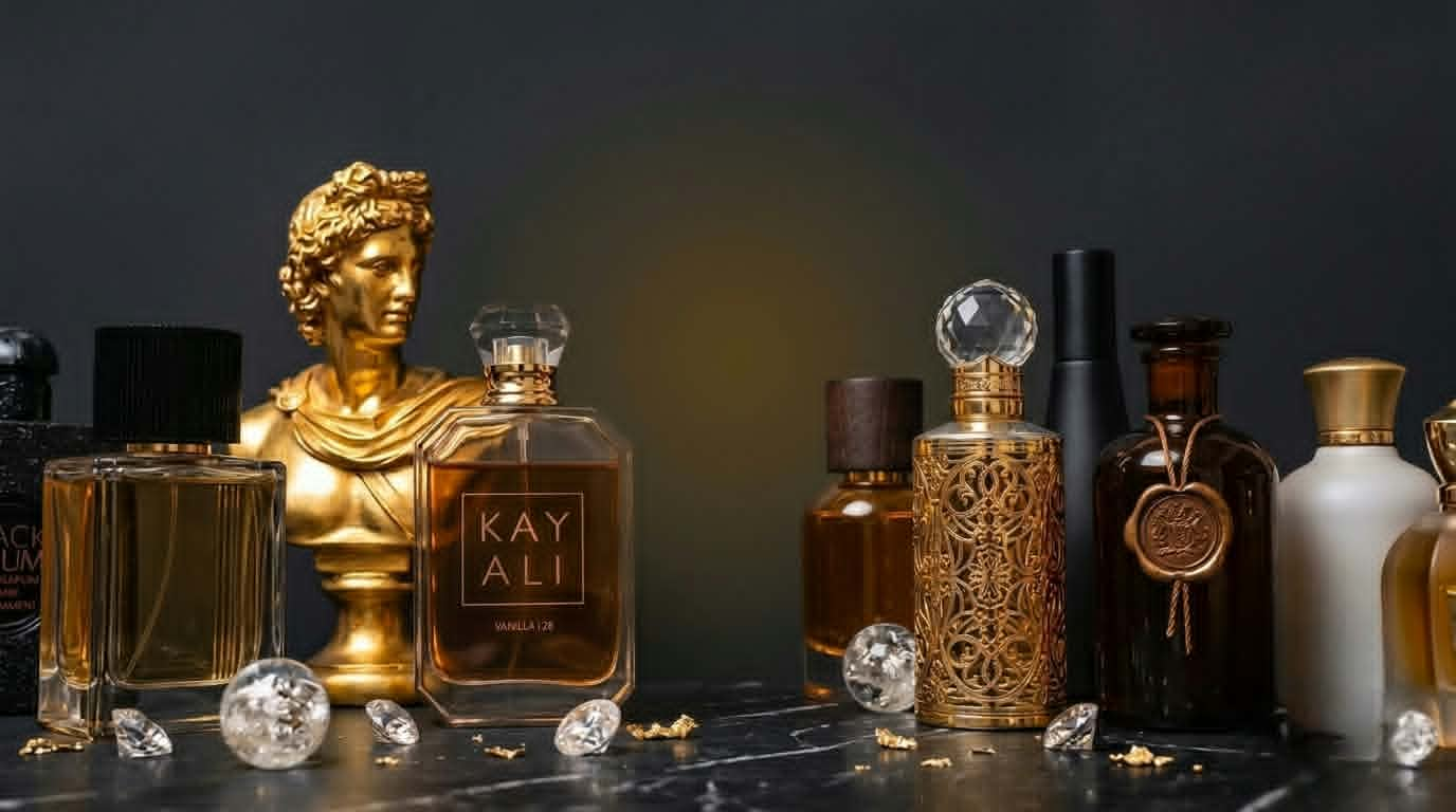 Luxury glass perfume bottles, a golden bust and crystals on dark marble